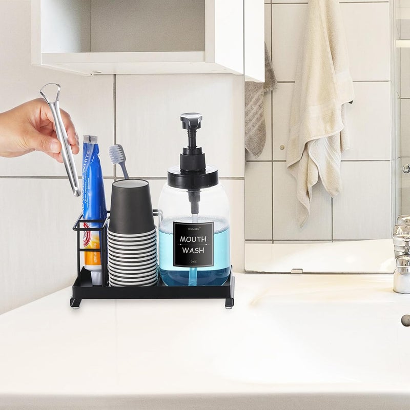 Summark Mouthwash Dispenser with Toothbrush Holder,Mouth Wash Pump Bottle with Stainless Steel Cup Holder,24 OZ Refillable Clear Mouthwash Container with 21Pcs Paper Cups - Image 3